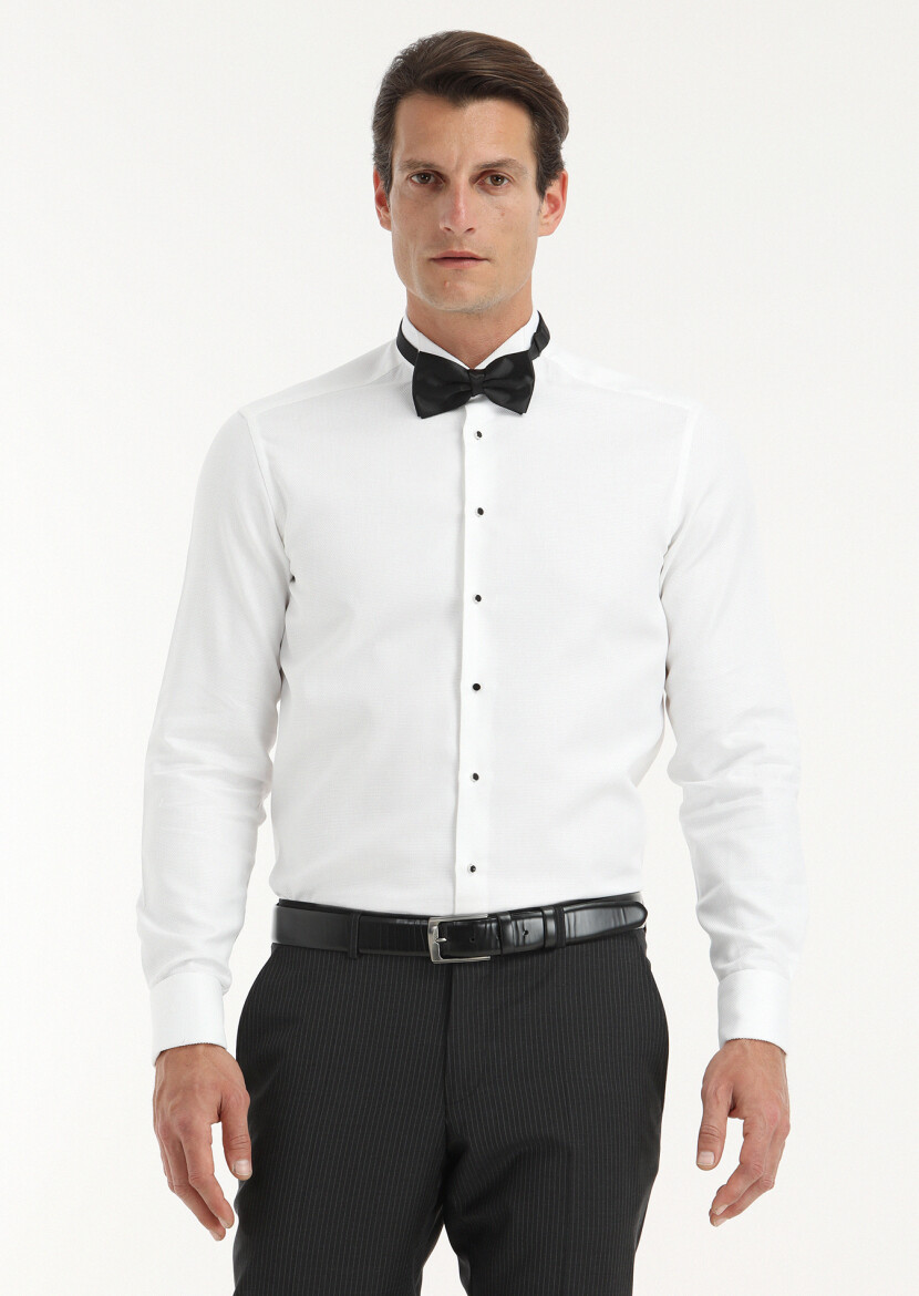 White Patterned Regular Fit Double Cuff Wing Collar Tuxedo Shirts - 2