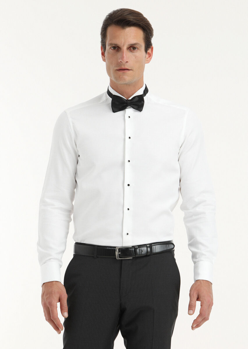 White Patterned Regular Fit Double Cuff Wing Collar Tuxedo Shirts - 2