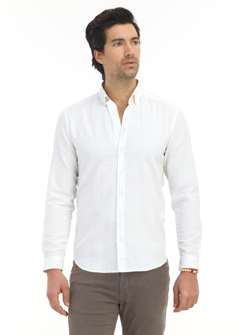 White Patterned Regular Fit Long Weaving Casual 100% Cotton Shirt - 2