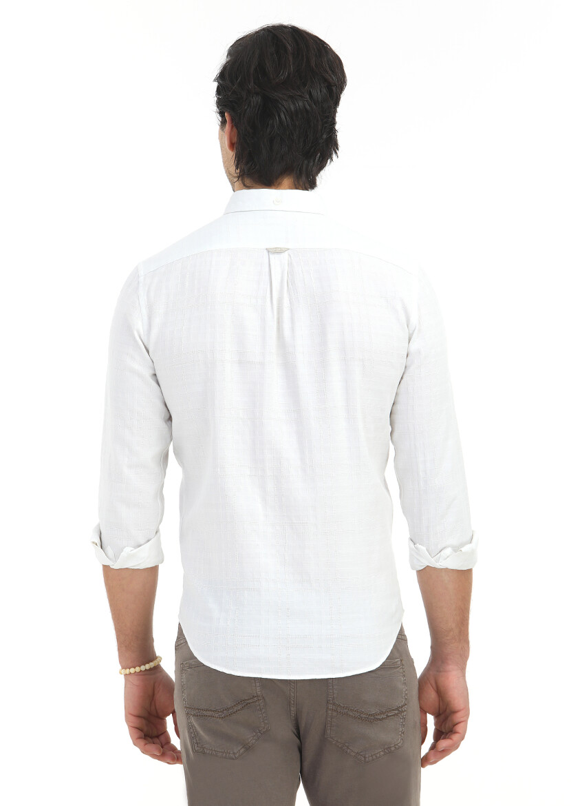 White Patterned Regular Fit Long Weaving Casual 100% Cotton Shirt - 5