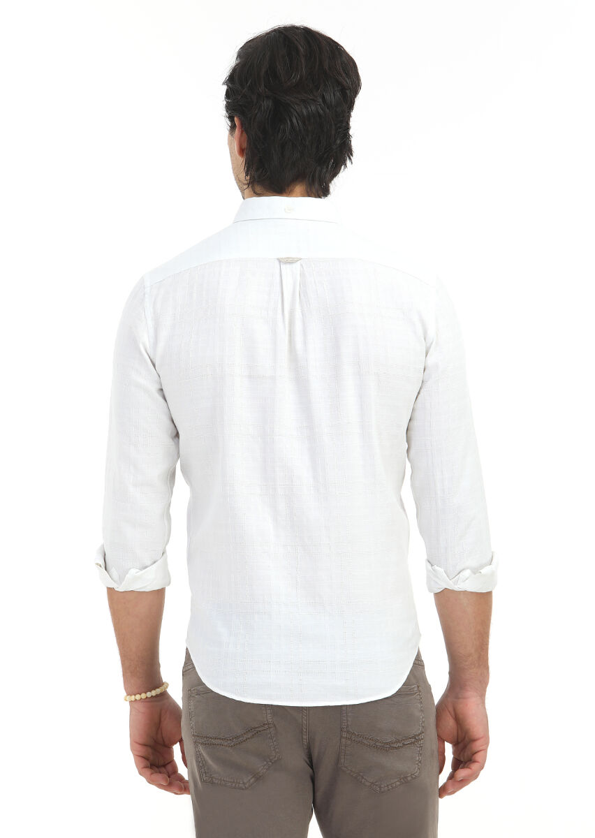 White Patterned Regular Fit Long Weaving Casual 100% Cotton Shirt - 5