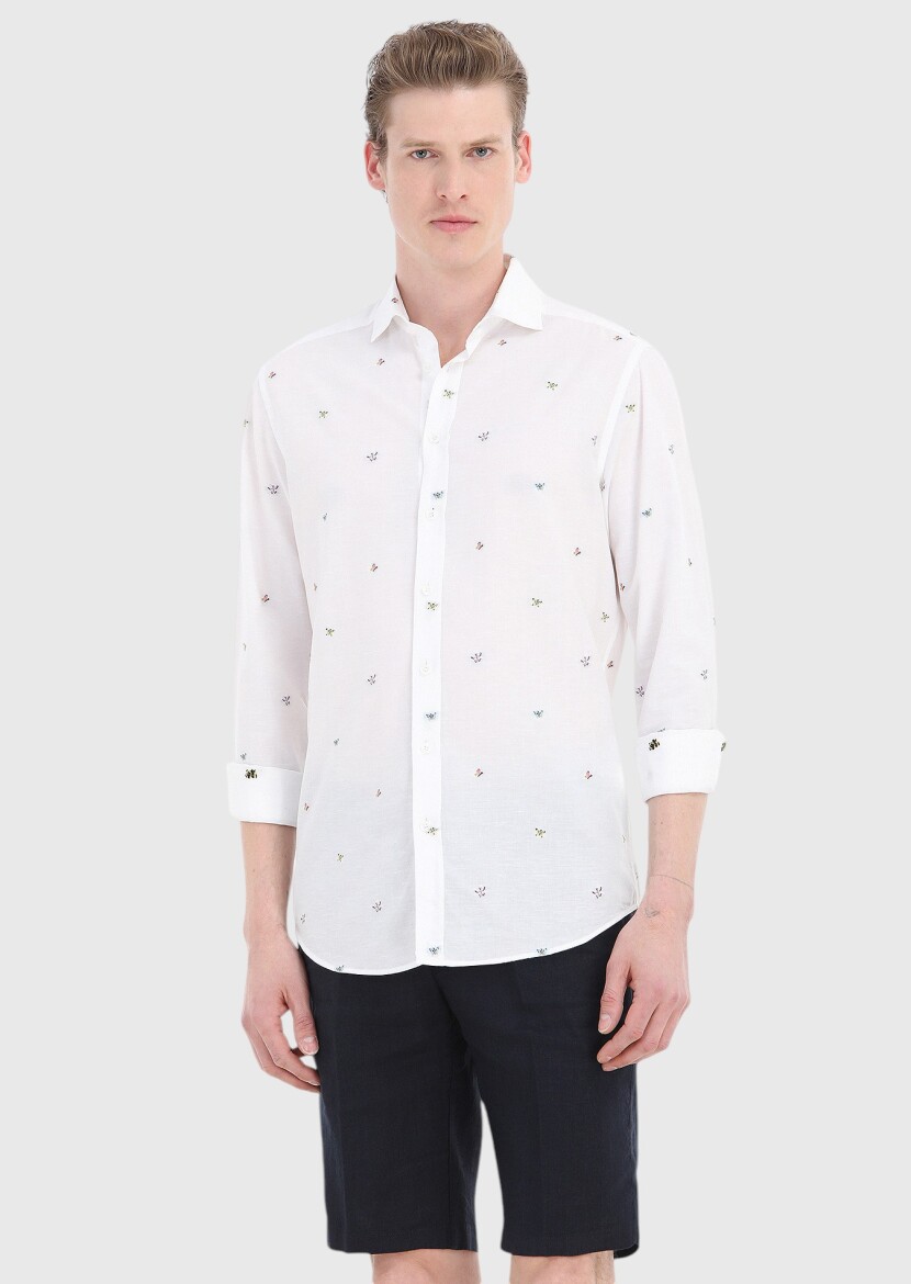 White Patterned Regular Fit Long Weaving Casual Cotton Blended Shirt - 2