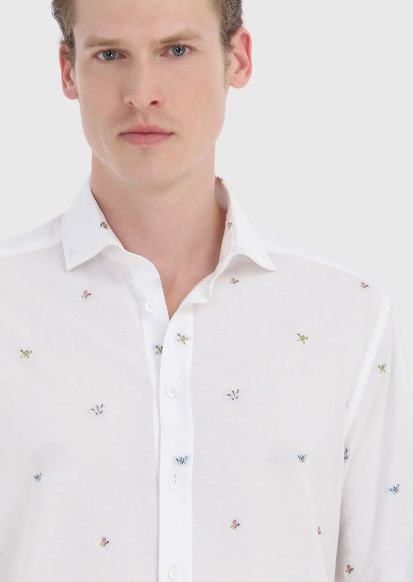 White Patterned Regular Fit Long Weaving Casual Cotton Blended Shirt - 4