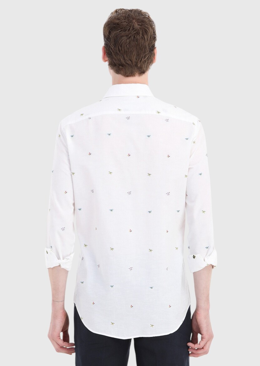 White Patterned Regular Fit Long Weaving Casual Cotton Blended Shirt - 5