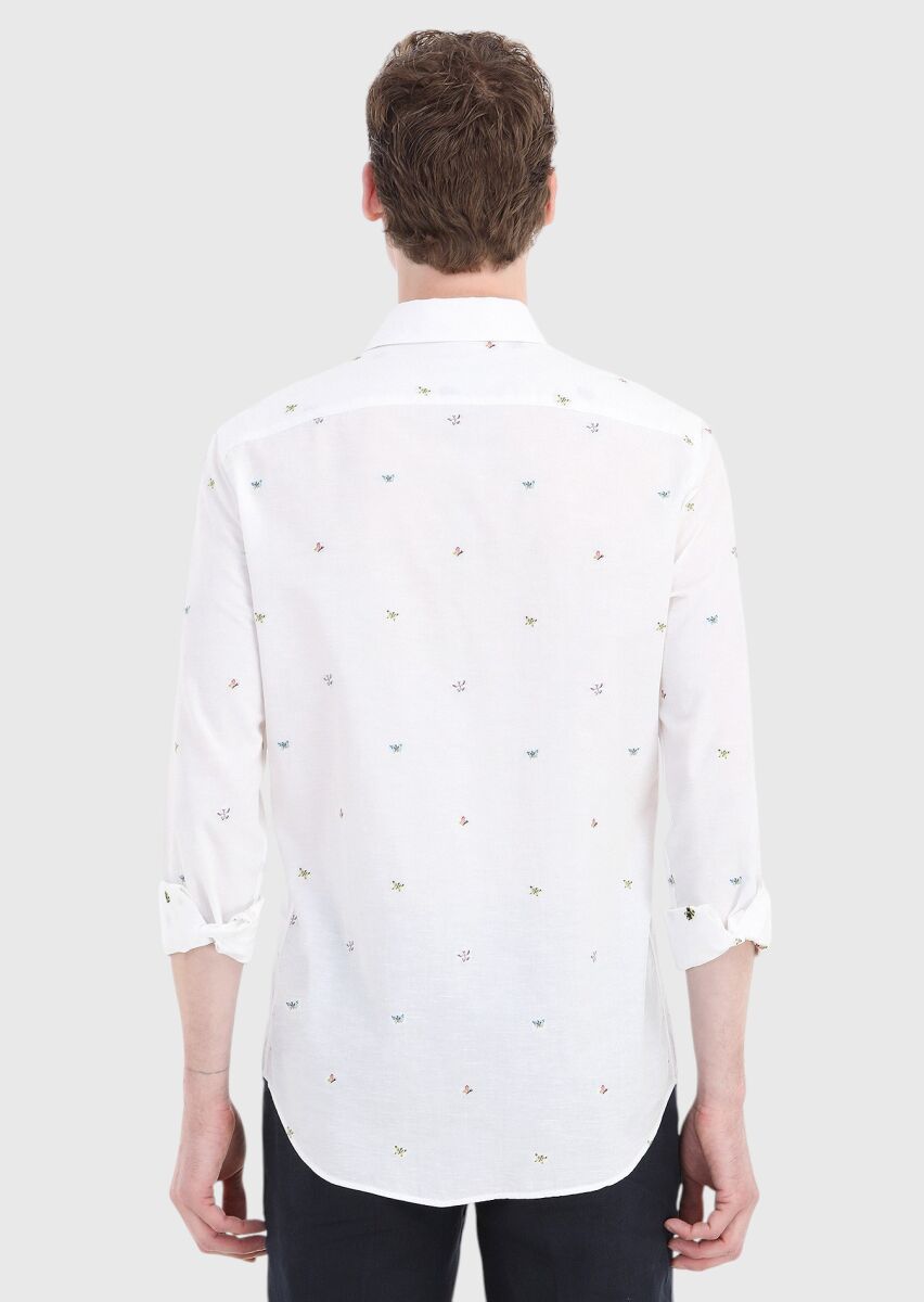 White Patterned Regular Fit Long Weaving Casual Cotton Blended Shirt - 5