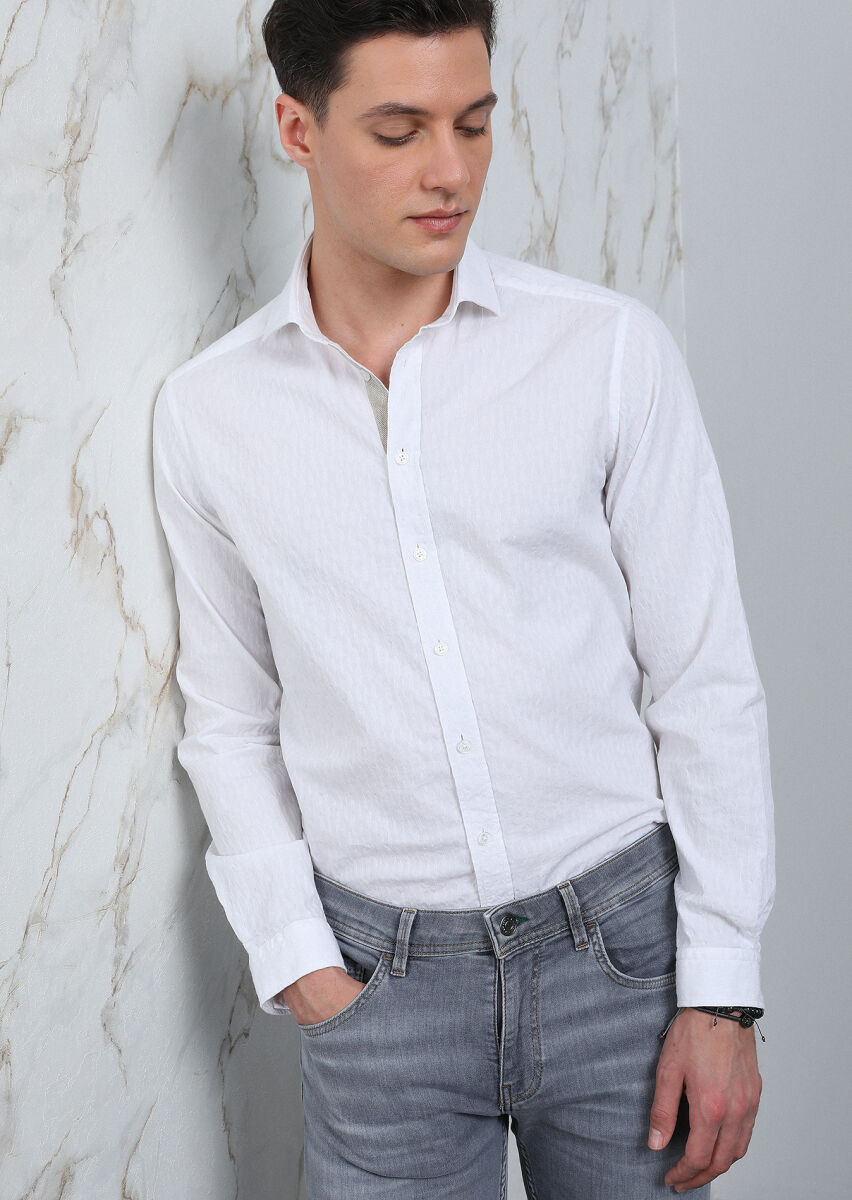 White Patterned Regular Fit Long Weaving Casual Cotton Blended Shirt - 1