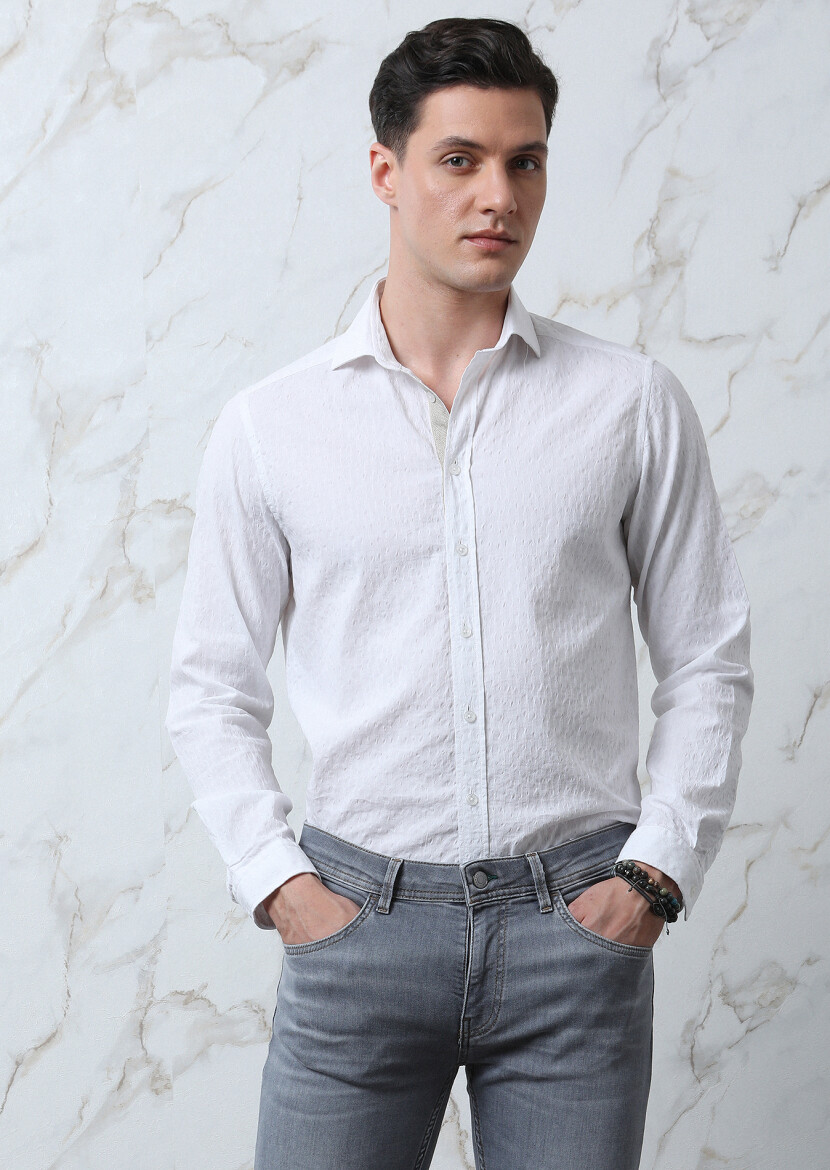 White Patterned Regular Fit Long Weaving Casual Cotton Blended Shirt - 2