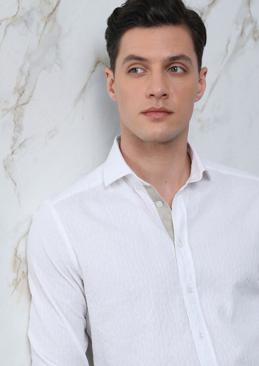 White Patterned Regular Fit Long Weaving Casual Cotton Blended Shirt - 4