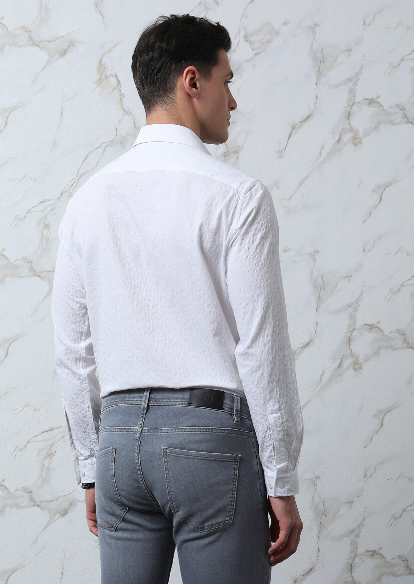 White Patterned Regular Fit Long Weaving Casual Cotton Blended Shirt - 5