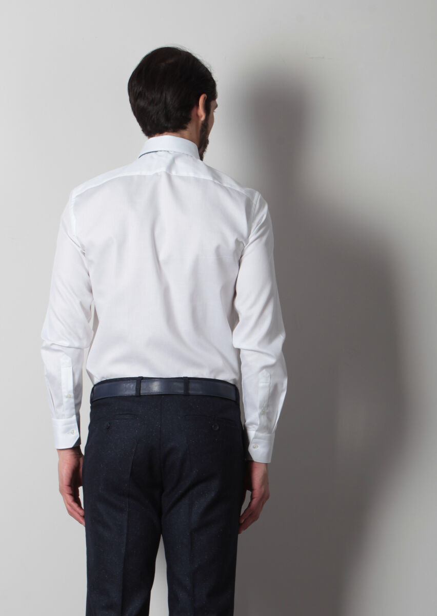 White Patterned Regular Fit Long Weaving Classical 100% Cotton Shirt - 4