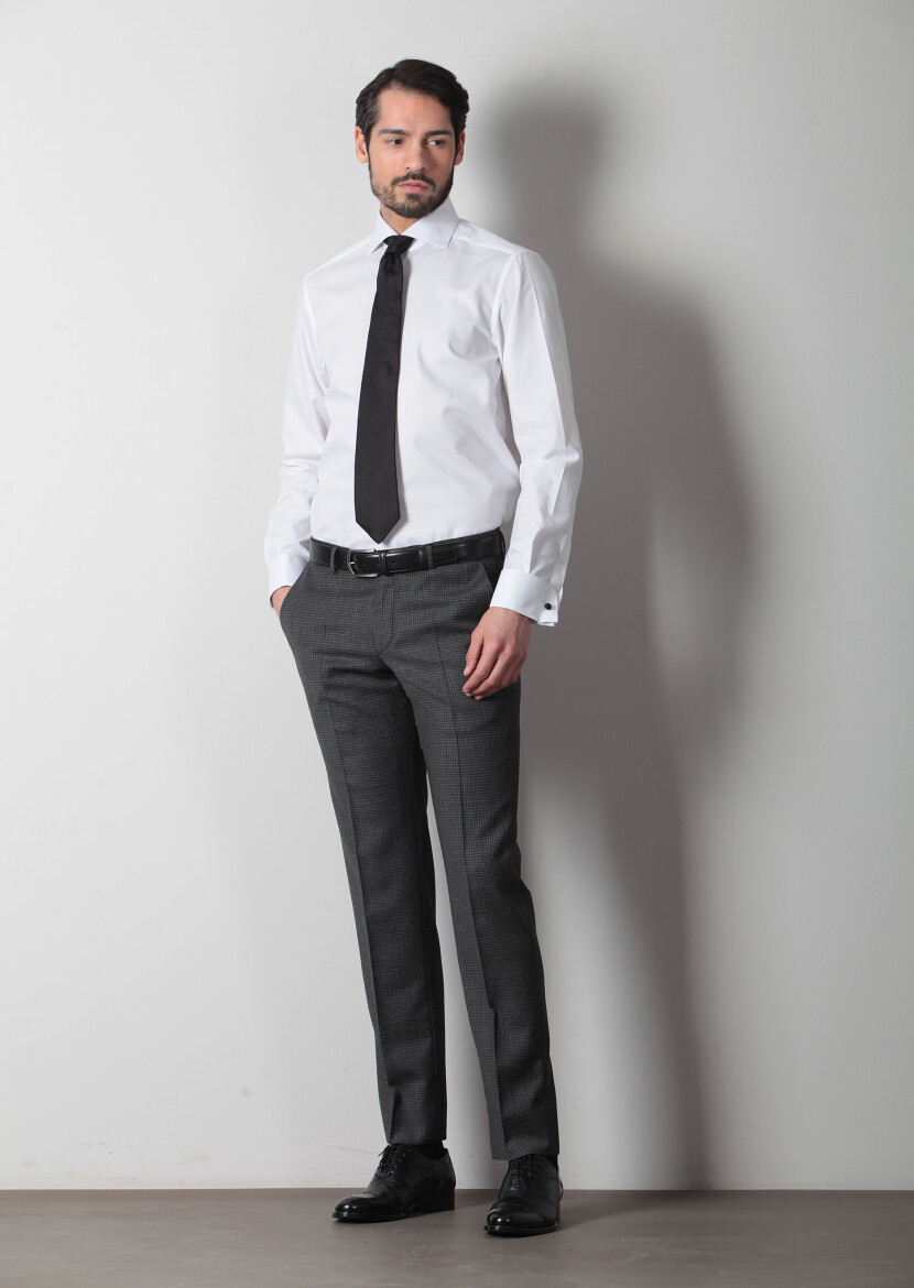 White Patterned Regular Fit Long Weaving Classical 100% Cotton Shirt - 1