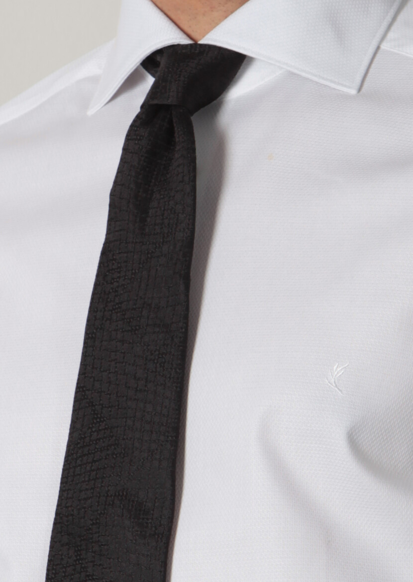 White Patterned Regular Fit Long Weaving Classical 100% Cotton Shirt - 3