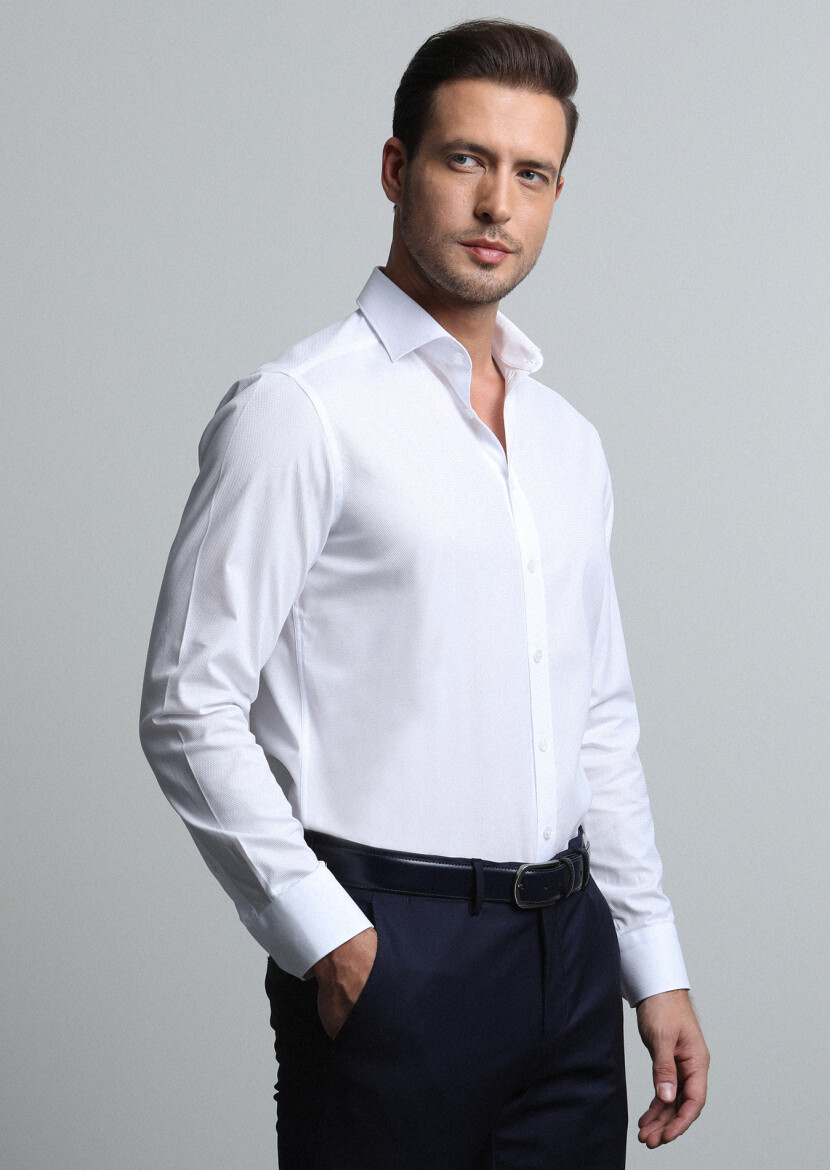 White Patterned Regular Fit Long Weaving Classical 100% Cotton Shirt 