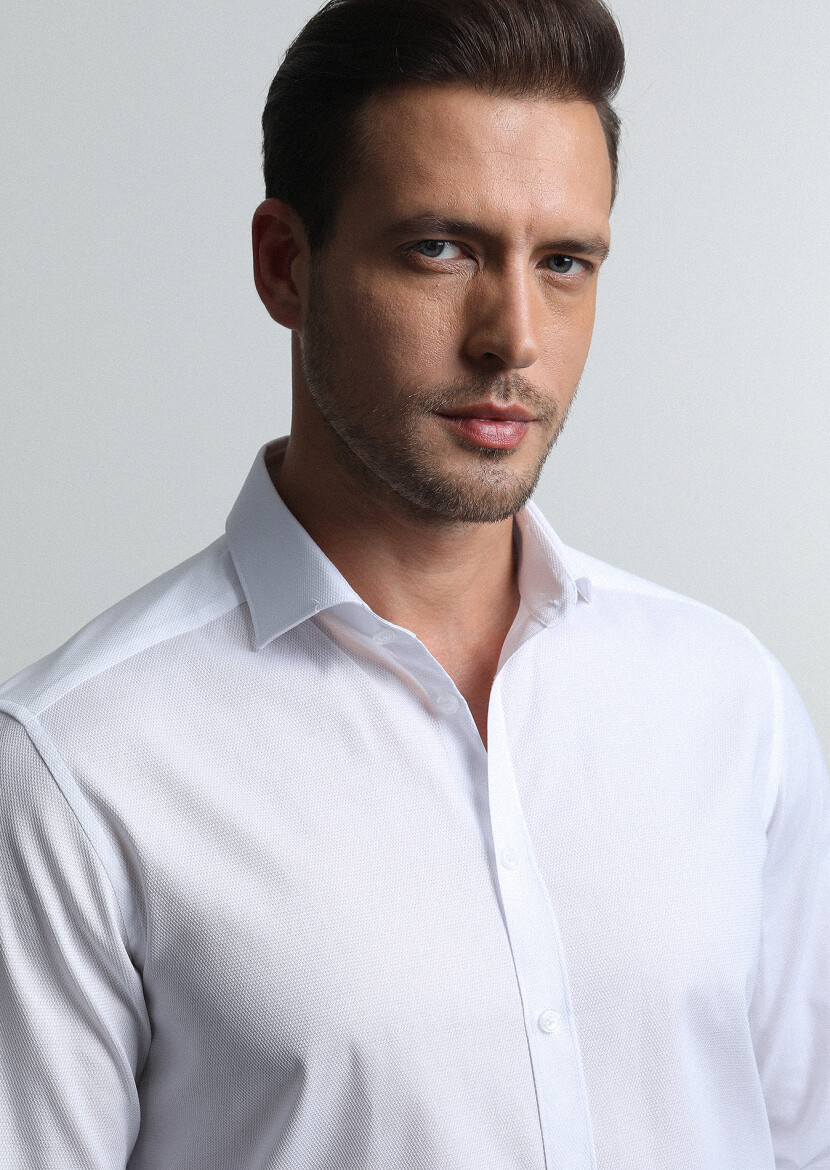 White Patterned Regular Fit Long Weaving Classical 100% Cotton Shirt - 3