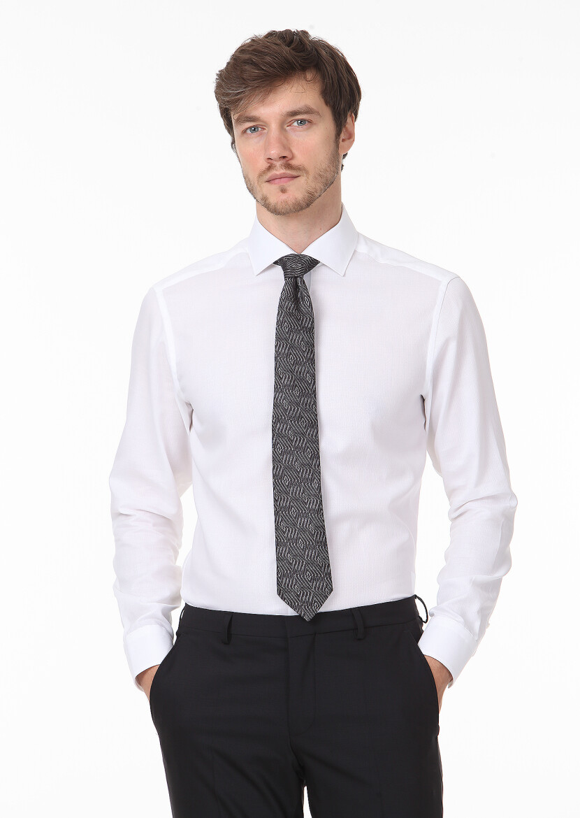 White Patterned Regular Fit Long Weaving Classical 100% Cotton Shirt - 1