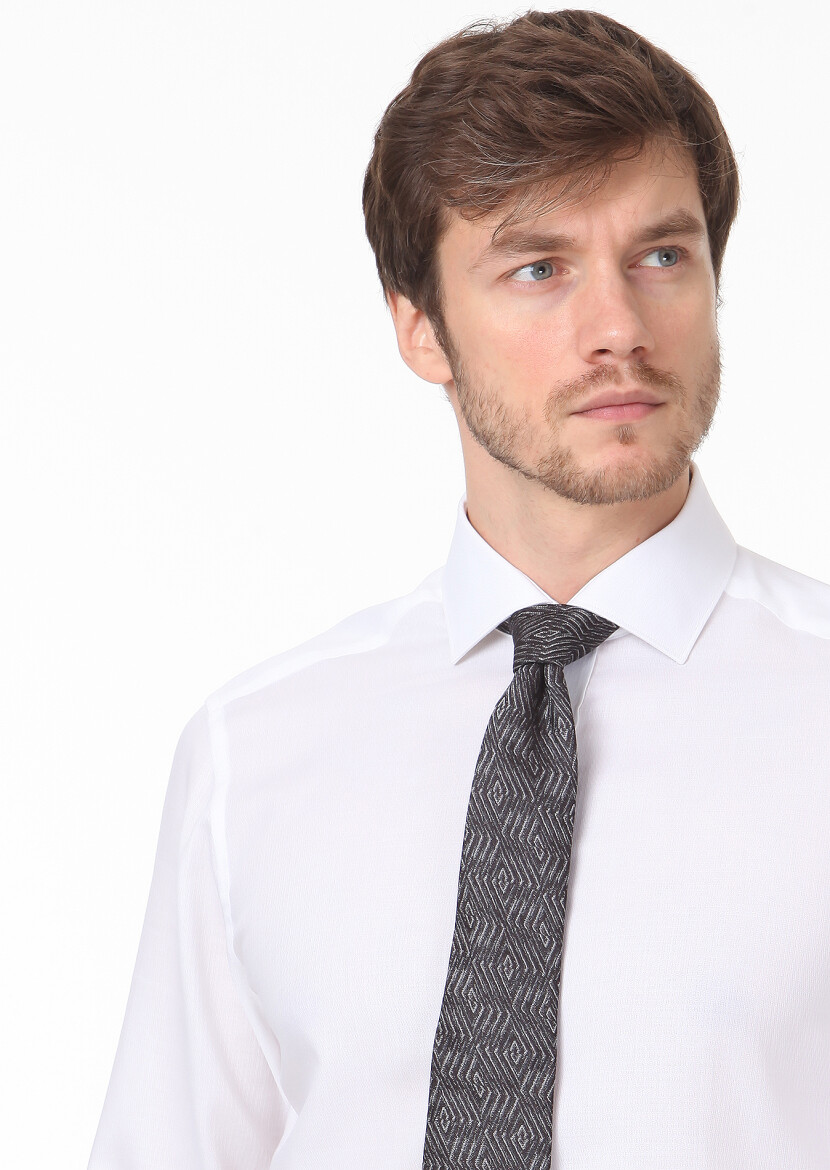 White Patterned Regular Fit Long Weaving Classical 100% Cotton Shirt - 2