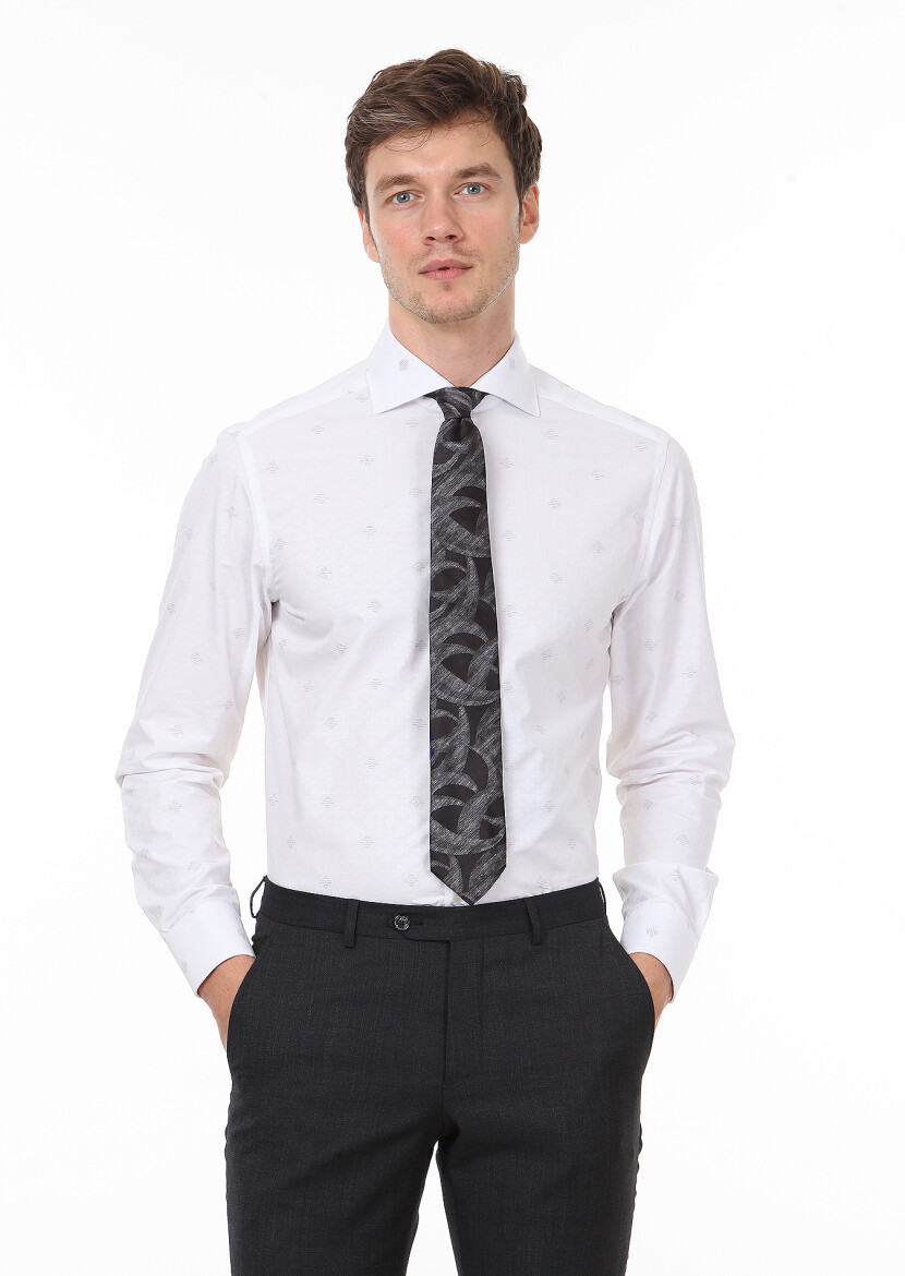 White Patterned Regular Fit Long Weaving Classical 100% Cotton Shirt - 1