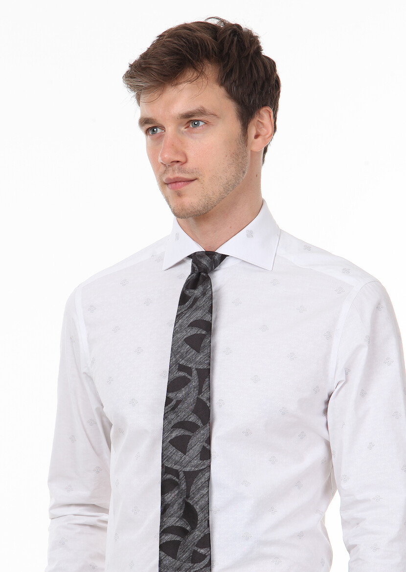 White Patterned Regular Fit Long Weaving Classical 100% Cotton Shirt - 2