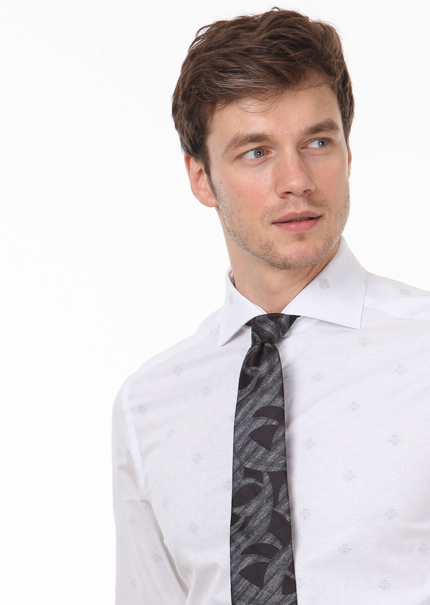White Patterned Regular Fit Long Weaving Classical 100% Cotton Shirt - 3