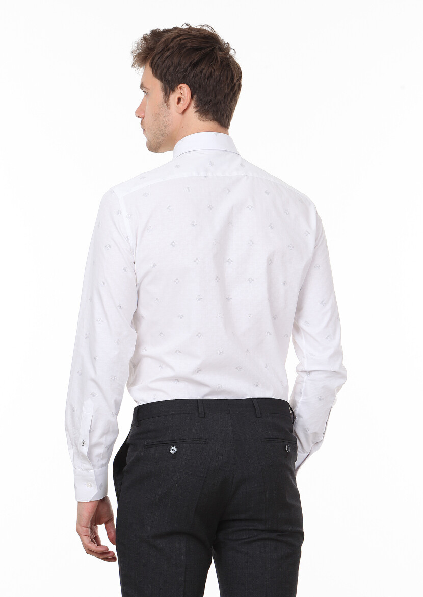 White Patterned Regular Fit Long Weaving Classical 100% Cotton Shirt - 4