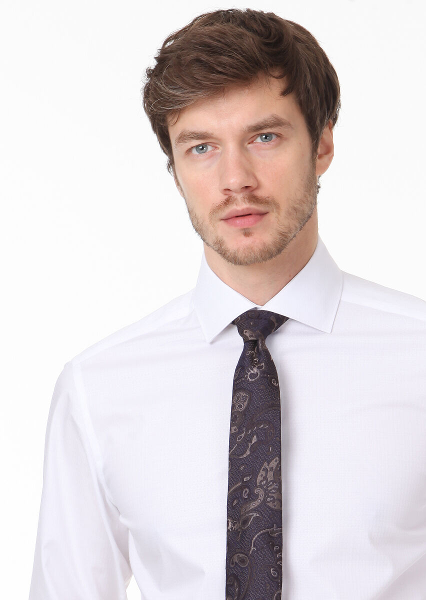 White Patterned Regular Fit Long Weaving Classical 100% Cotton Shirt - 2
