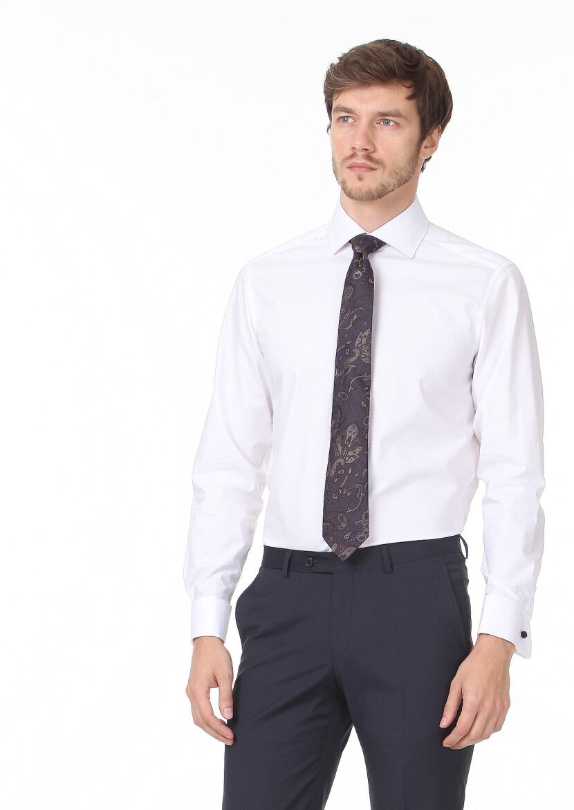 White Patterned Regular Fit Long Weaving Classical 100% Cotton Shirt - 3