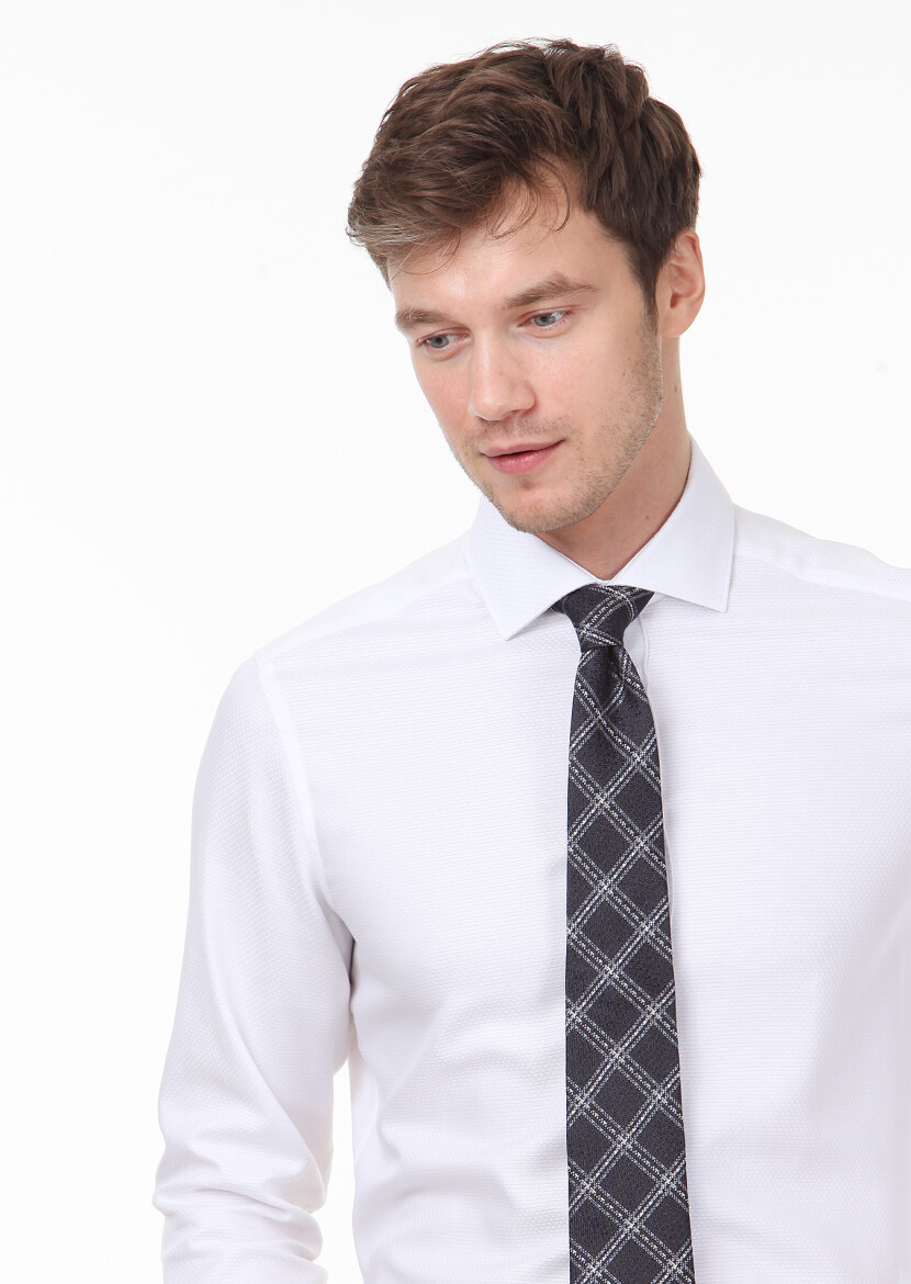 White Patterned Regular Fit Long Weaving Classical 100% Cotton Shirt - 2
