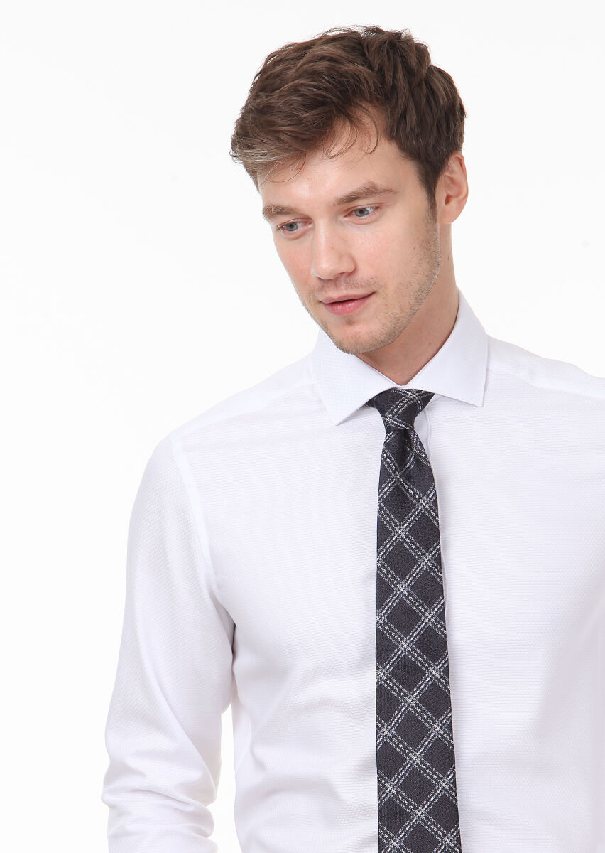 White Patterned Regular Fit Long Weaving Classical 100% Cotton Shirt - 2