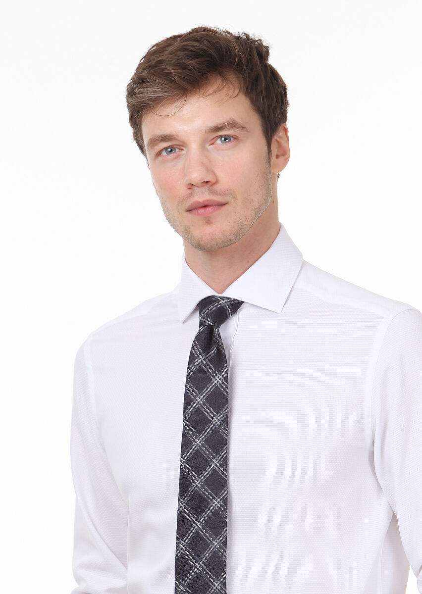 White Patterned Regular Fit Long Weaving Classical 100% Cotton Shirt - 3
