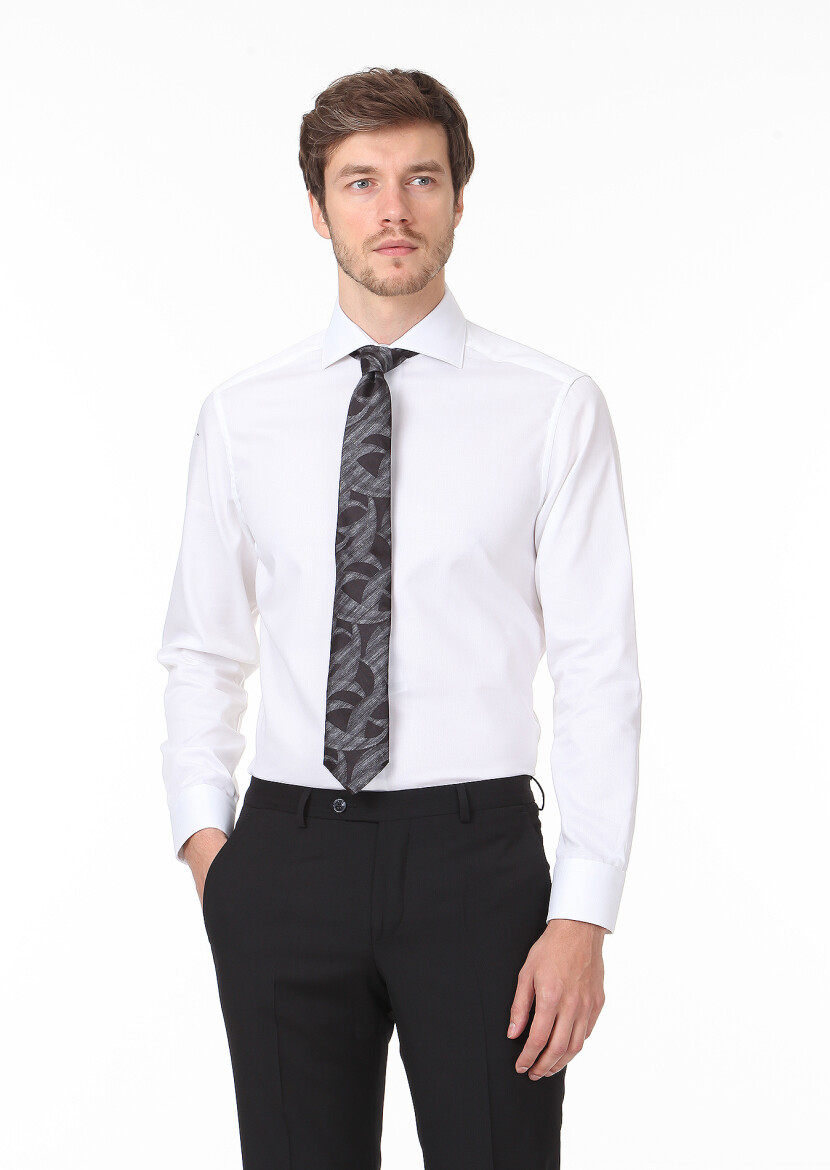 White Patterned Regular Fit Long Weaving Classical 100% Cotton Shirt - 1