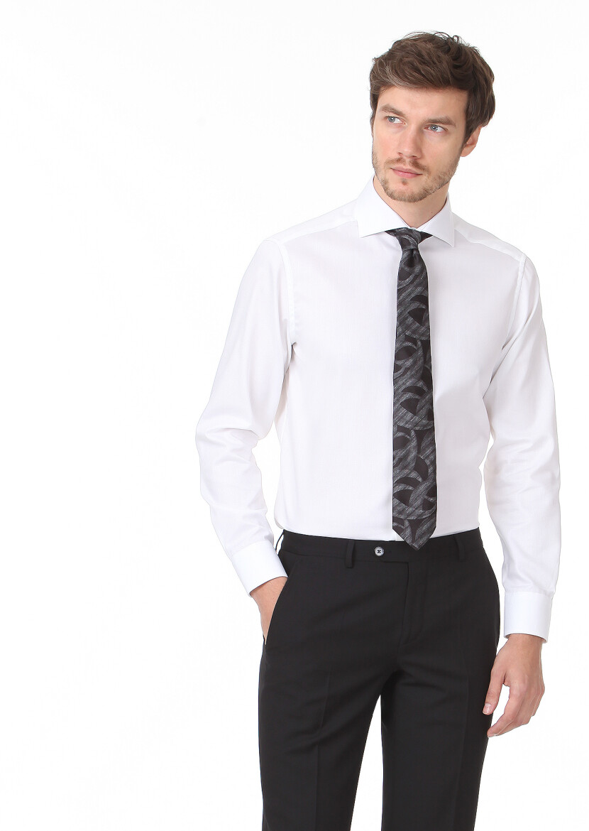 White Patterned Regular Fit Long Weaving Classical 100% Cotton Shirt - 3