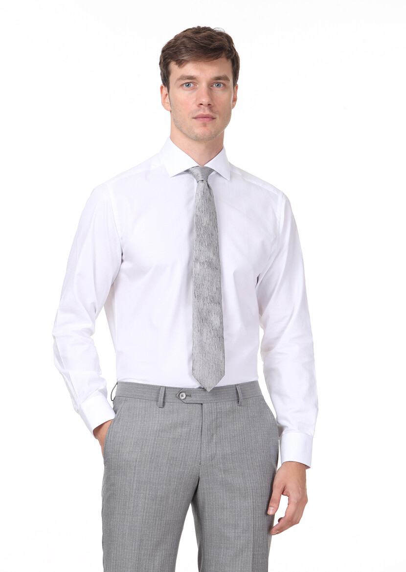 White Patterned Regular Fit Long Weaving Classical 100% Cotton Shirt - 1