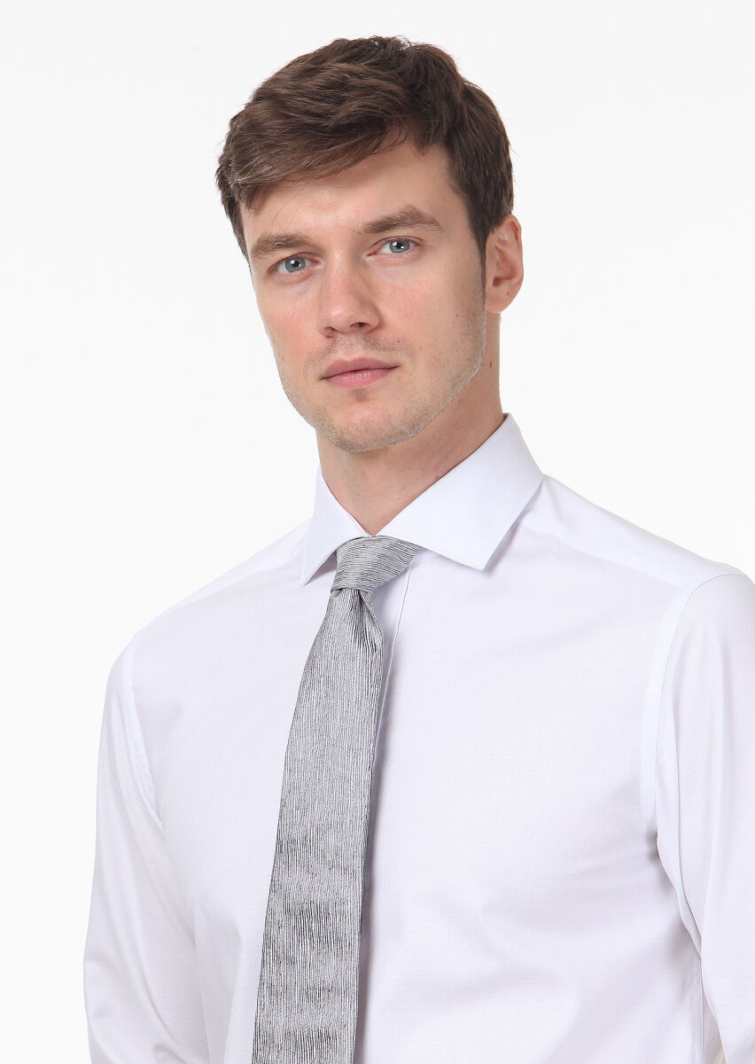 White Patterned Regular Fit Long Weaving Classical 100% Cotton Shirt - 2