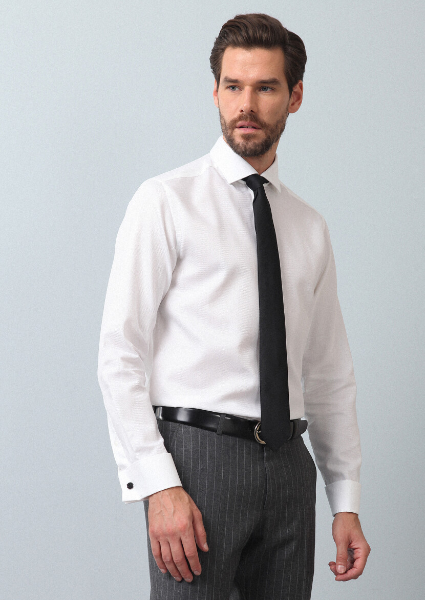 White Patterned Regular Fit Long Weaving Classical 100% Cotton Shirt - 1