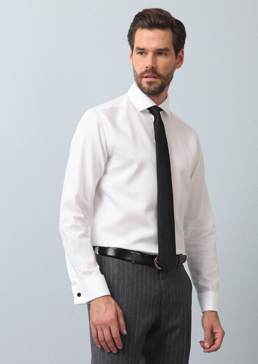 White Patterned Regular Fit Long Weaving Classical 100% Cotton Shirt - 1