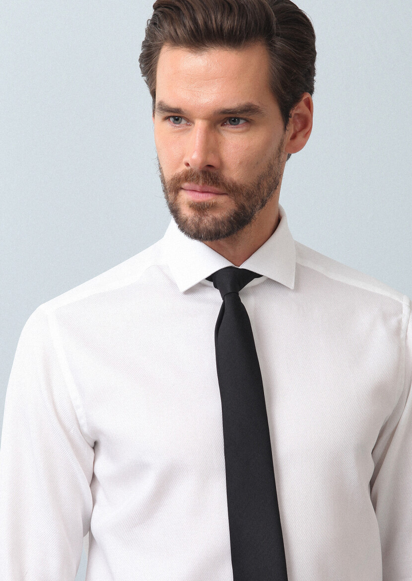 White Patterned Regular Fit Long Weaving Classical 100% Cotton Shirt - 3