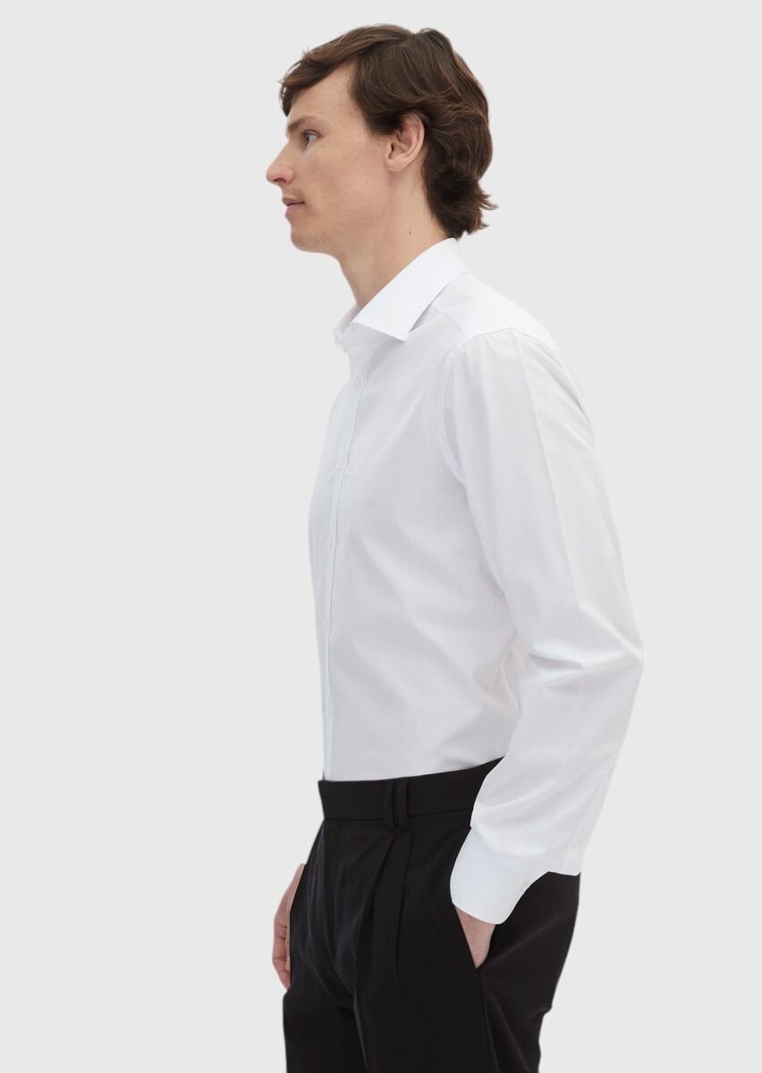 White Patterned Regular Fit Long Weaving Classical 100% Cotton Shirt - 3