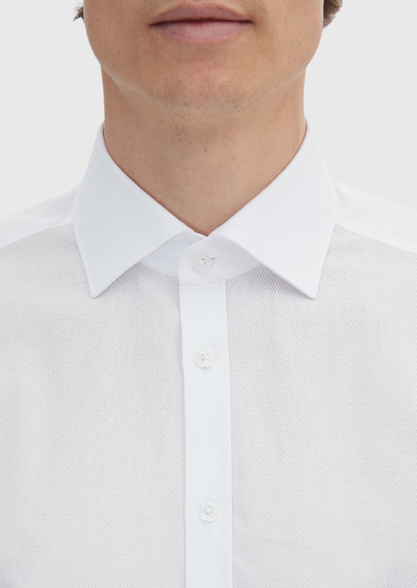 White Patterned Regular Fit Long Weaving Classical 100% Cotton Shirt - 4