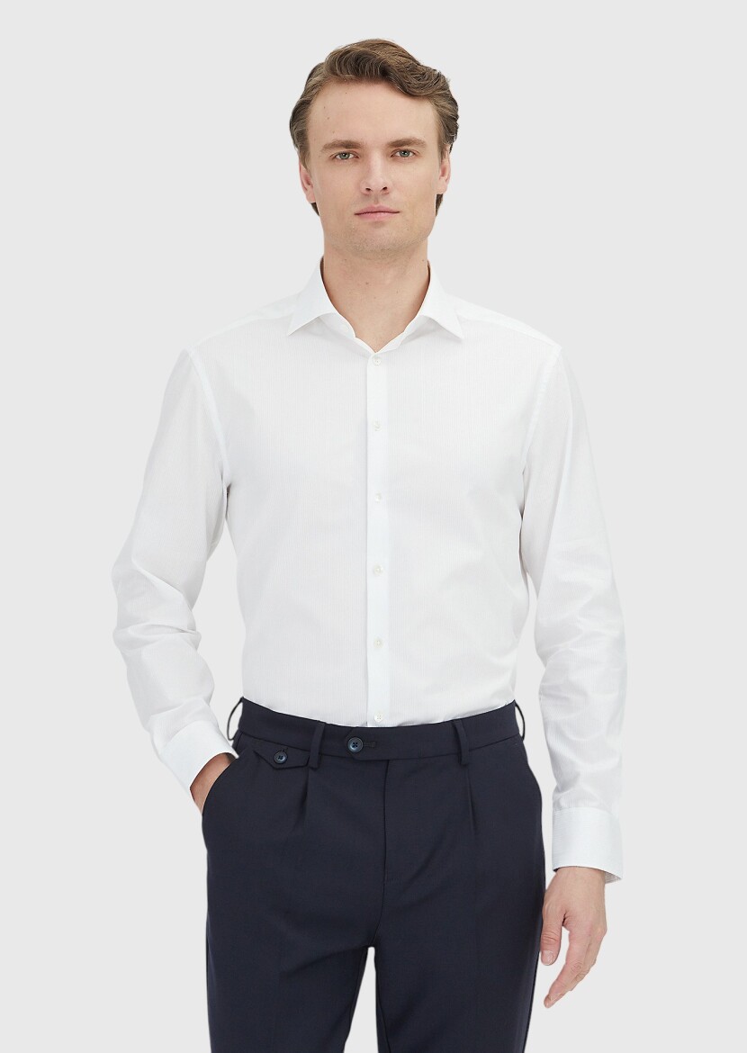 White Patterned Regular Fit Long Weaving Classical 100% Cotton Shirt - RAMSEY