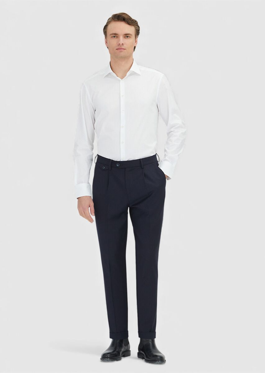 White Patterned Regular Fit Long Weaving Classical 100% Cotton Shirt - 2