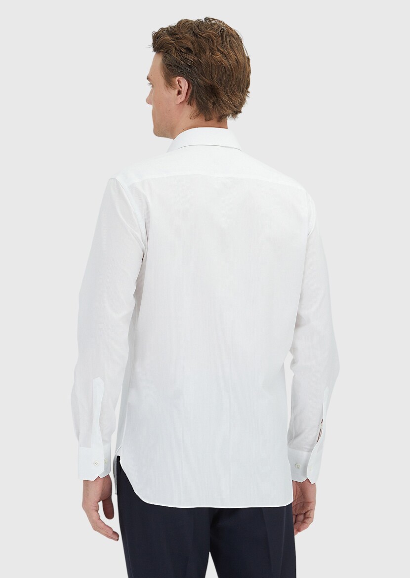 White Patterned Regular Fit Long Weaving Classical 100% Cotton Shirt - 6