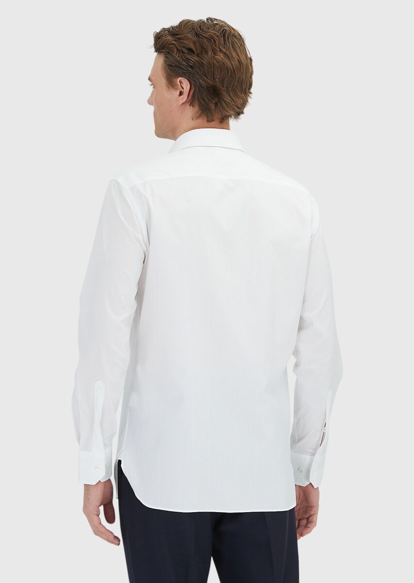 White Patterned Regular Fit Long Weaving Classical 100% Cotton Shirt - 6