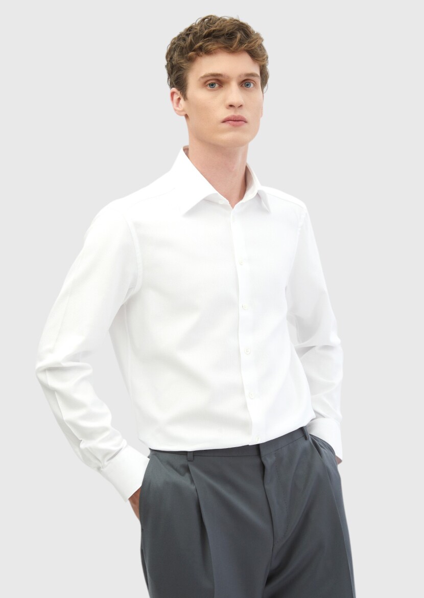 White Patterned Regular Fit Long Weaving Classical 100% Cotton Shirt - RAMSEY