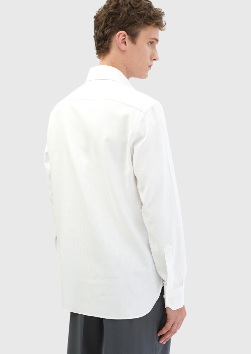 White Patterned Regular Fit Long Weaving Classical 100% Cotton Shirt - 5