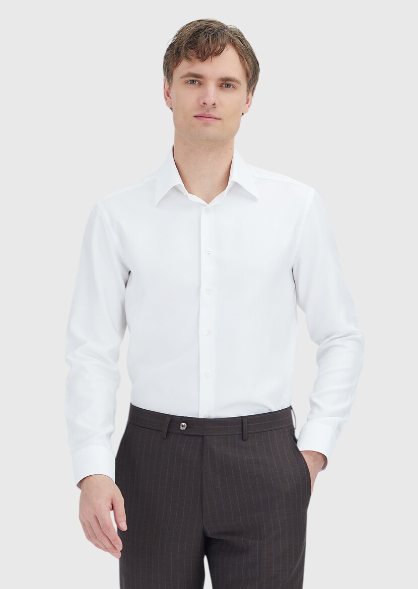 White Patterned Regular Fit Long Weaving Classical 100% Cotton Shirt - RAMSEY