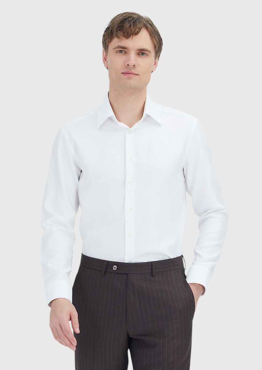 White Patterned Regular Fit Long Weaving Classical 100% Cotton Shirt - 1