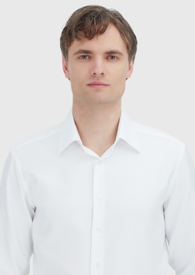 White Patterned Regular Fit Long Weaving Classical 100% Cotton Shirt - 3