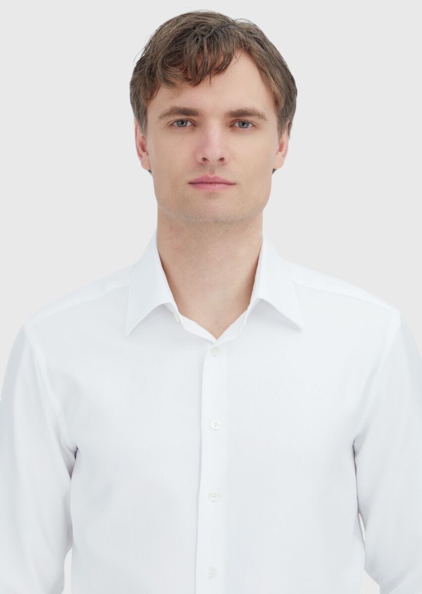 White Patterned Regular Fit Long Weaving Classical 100% Cotton Shirt - 3