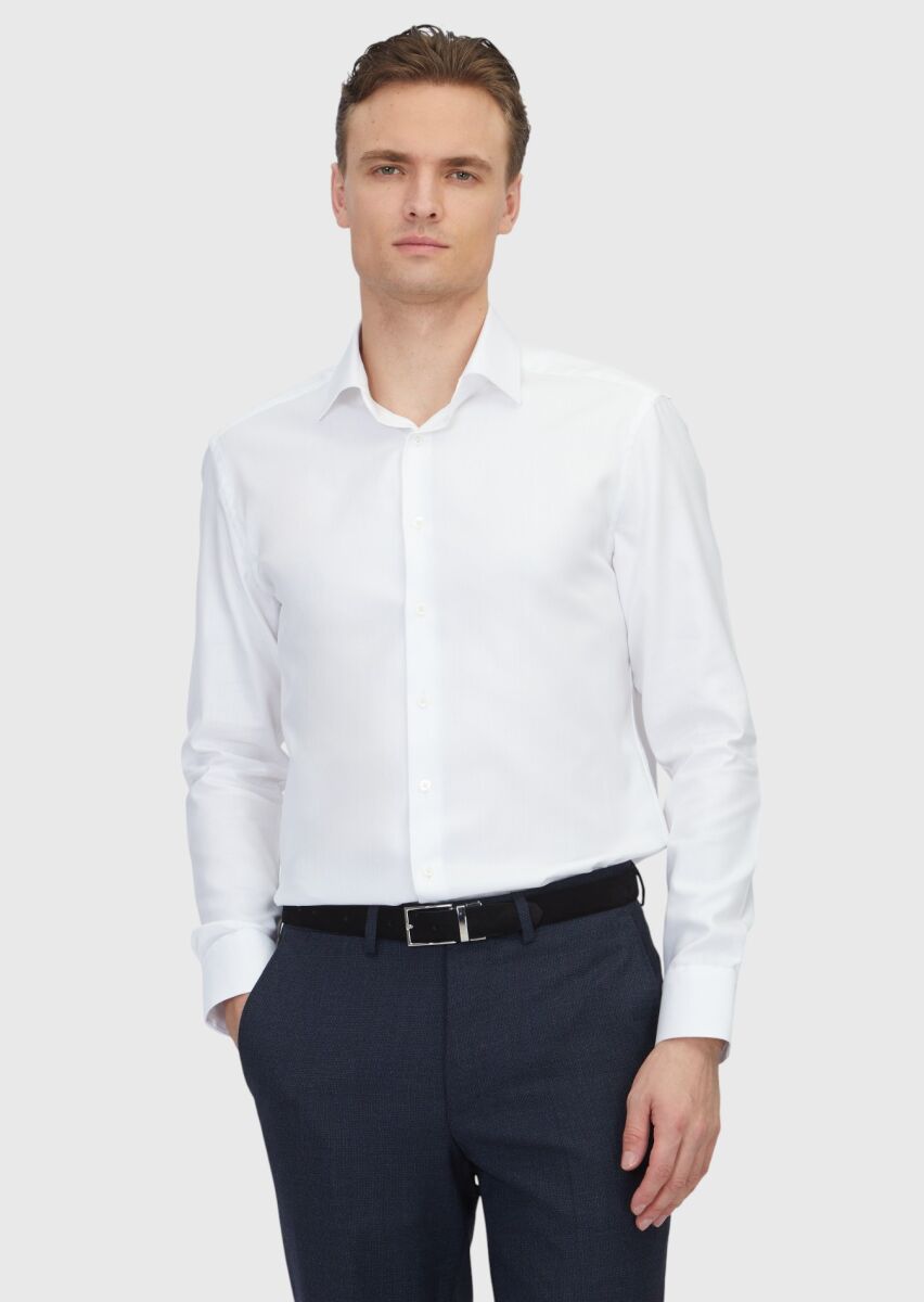 White Patterned Regular Fit Long Weaving Classical 100% Cotton Shirt - 1