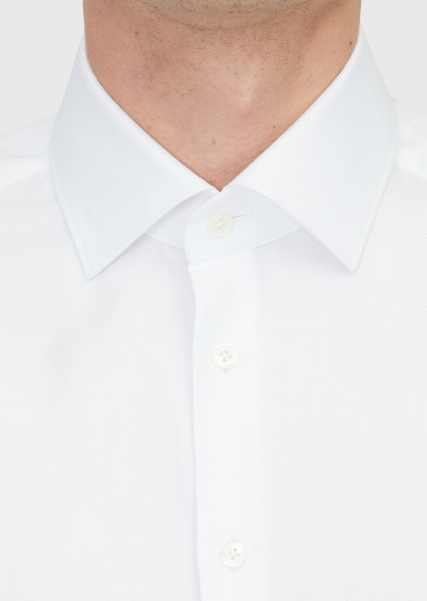 White Patterned Regular Fit Long Weaving Classical 100% Cotton Shirt - 5